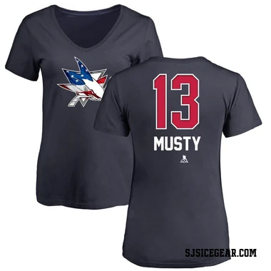 Navy Women's Quentin Musty San Jose Sharks Name and Number Banner Wave V-Neck T-Shirt -